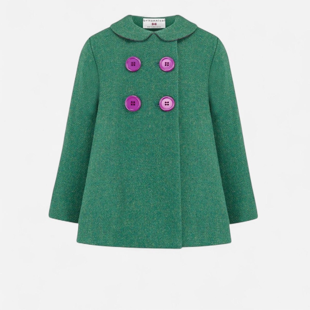 Britannical Green Tweed Pea Coat with Purple Buttons